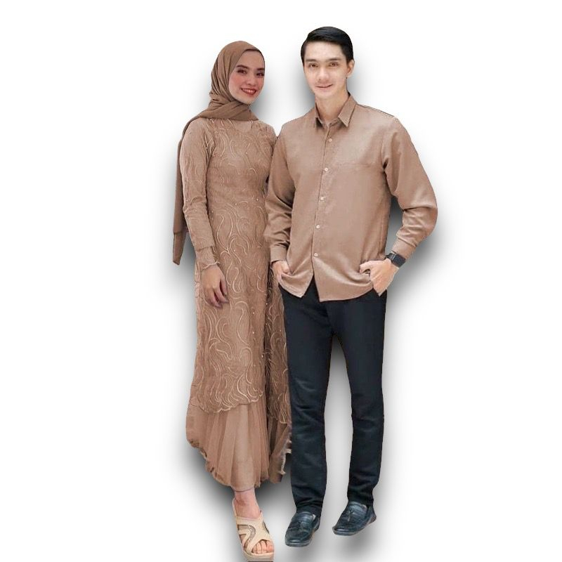 COUPLE TANIA/ COUPLE GAMIS BRUKAT TILE DAN KEMEJA MOSCREPE/ COUPLE GAMIS PESTA/ COUPLE KONDANGAN/ GA