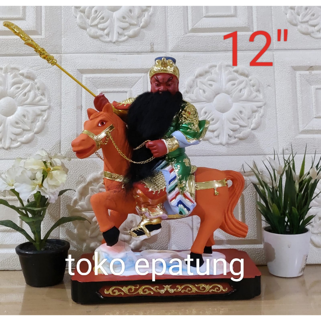 patung kwan kung / kwan kong / guan yu naik kuda - 12 inch - kayu - s