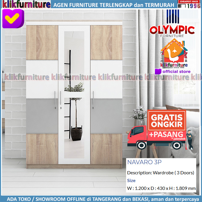 Lemari Pakaian Navaro Olympic 3 Pintu Cermin Minimalis