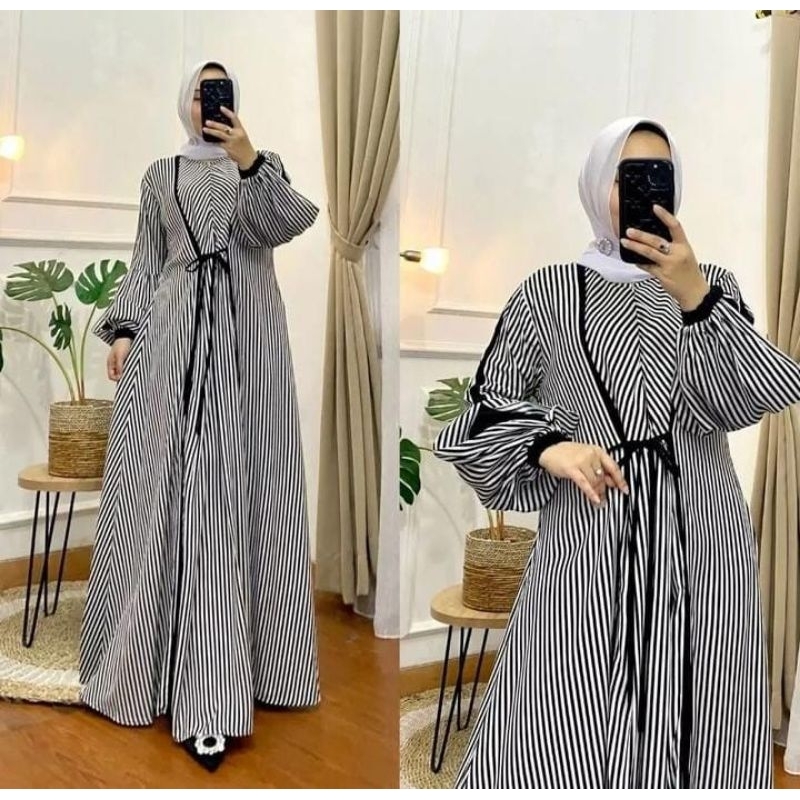 Gamis motif garis-garis - Gamis murah jumbo - Gamis muslimah syar'i terbaru