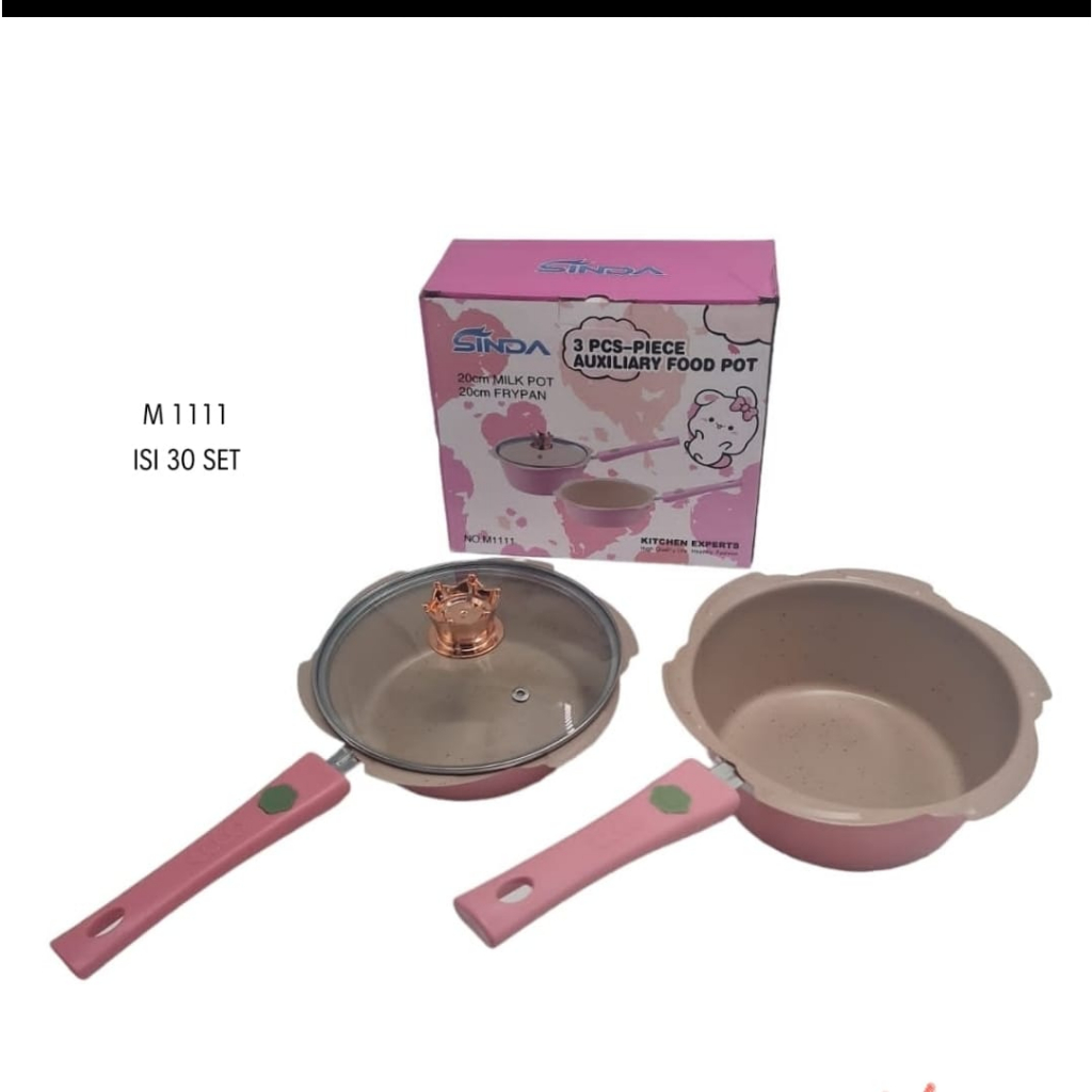 Panci Set Flower 2pcs + Tutup Mahkota / Granit Wajan Keramik Food Grade /PANCI PINK MPASI SINDA