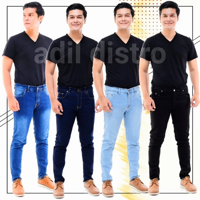 Celana jeans pria slim fit pensil panjang bahan jins denim karet ngaret melar warna hitam biru muda 