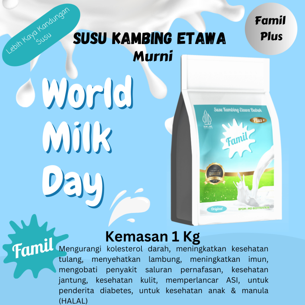 

Susu Kambing Etawa Bubuk Premium Lebih Berkualitas dan Murni 1000 gram / 1 Kg Varian Original Plus Menggemukkan Penambah Berat Badan Ideal Susu Etawa Famil Halal Aman Semua Usia