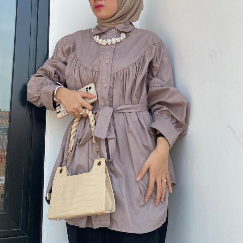 Kemeja Blouse Tali Pinggang - Baju Kemeja Wanita Tali Pinggang