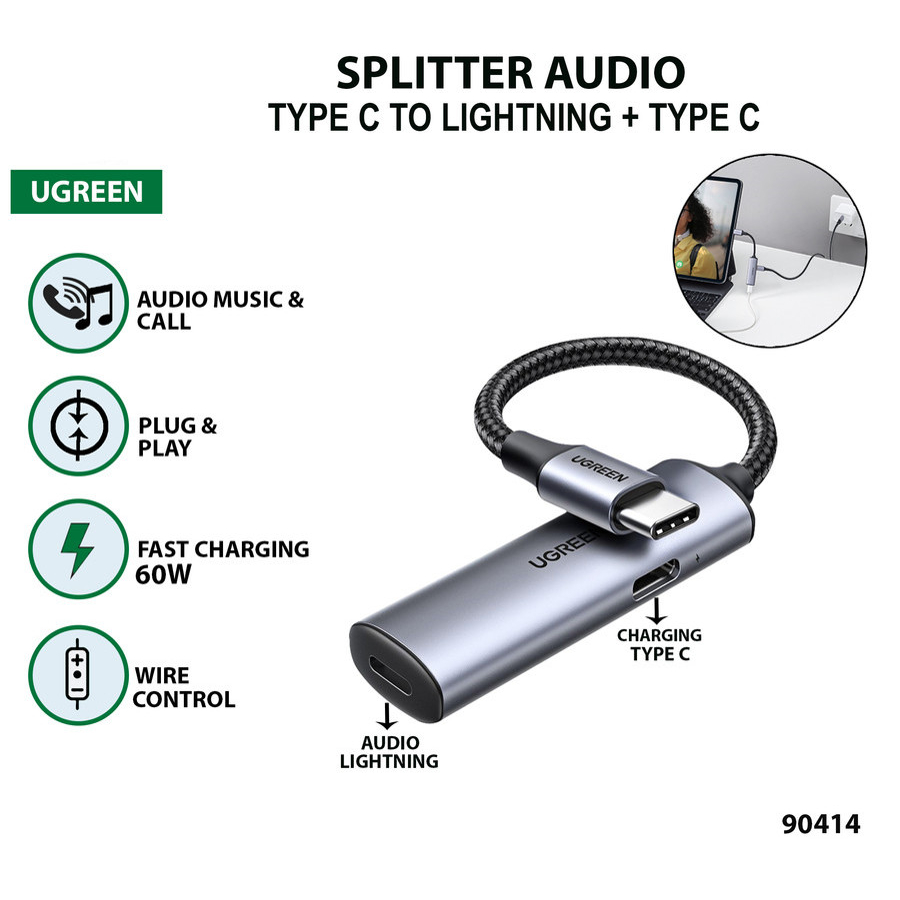 Jack Audio Ugreen Converter Audio Type C to Lightning Audio Dan Type C 60W Audio Konektor Type C Iph
