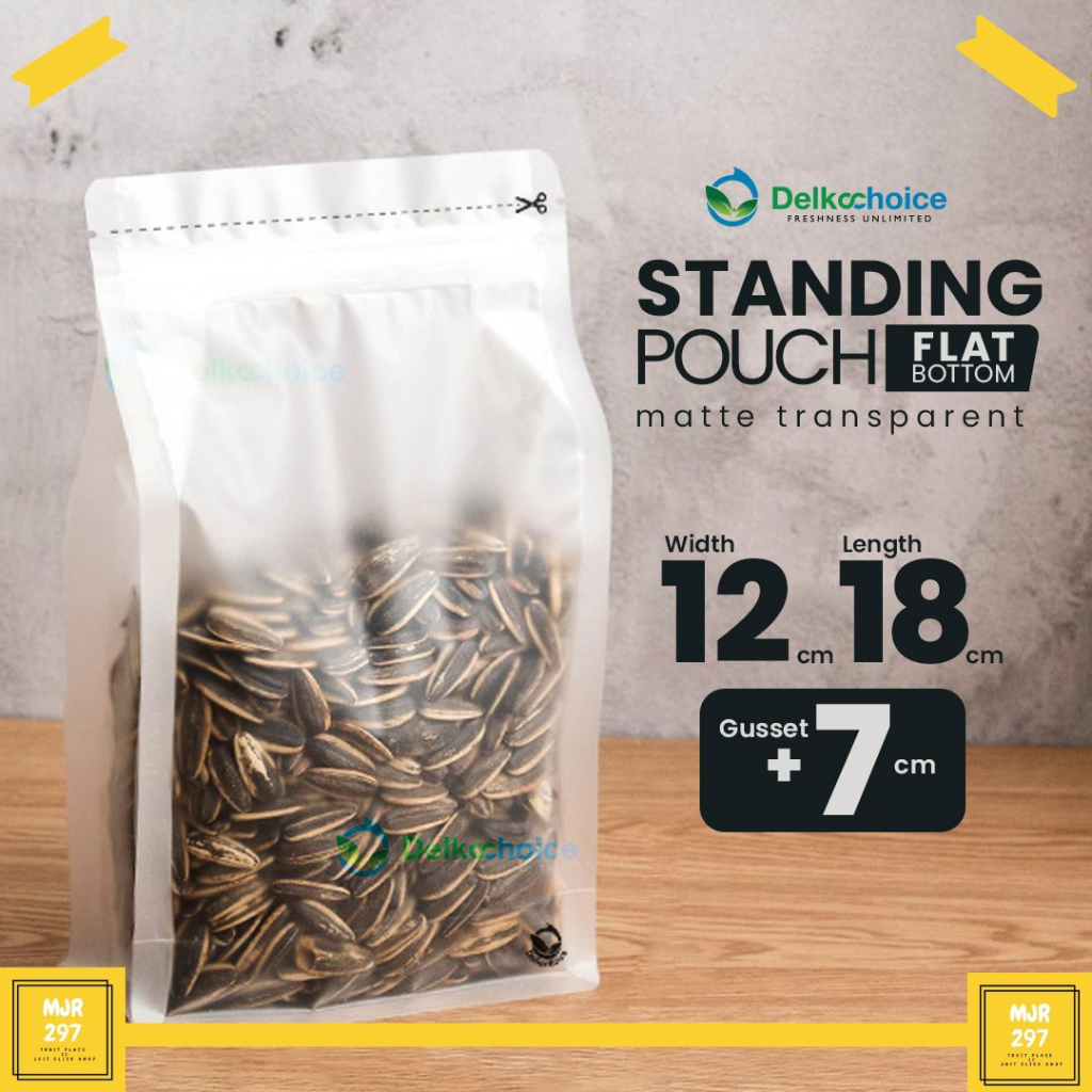 Standing Pouch Flat Bottom Matte Buram Plastik Kemasan Makanan Delkochoice