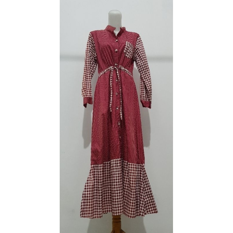 Gamis natalie panjang terbaru motif kotak kotak kecil