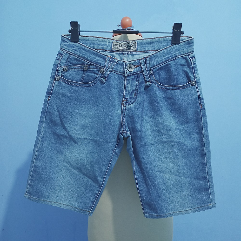 BJ029 FURIO JEANS PANTS celana pendek wanita dewasa navy blue biru denim basic santai rumahan