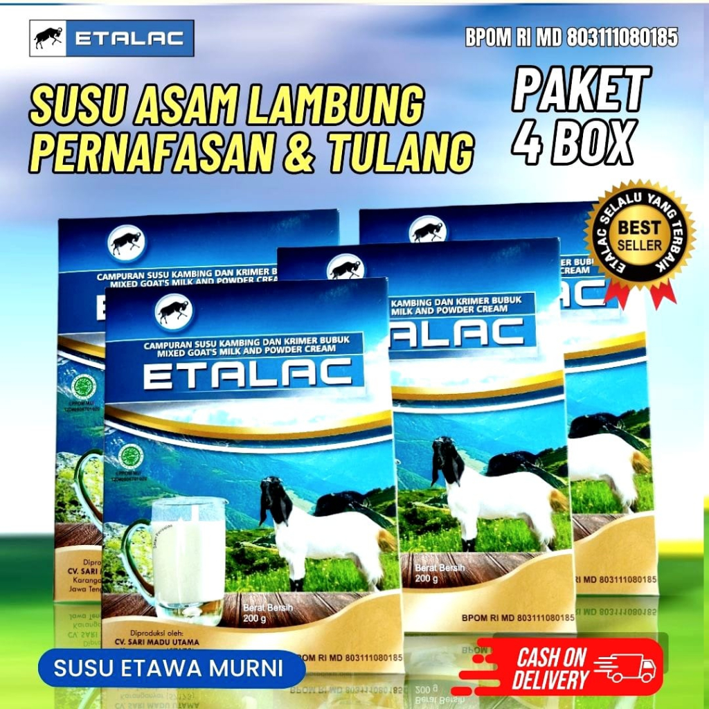 

Etalac Susu Kambing Etawa Bubuk Alami Tanpa Campuran Gula 200 Gram Paket 4 box