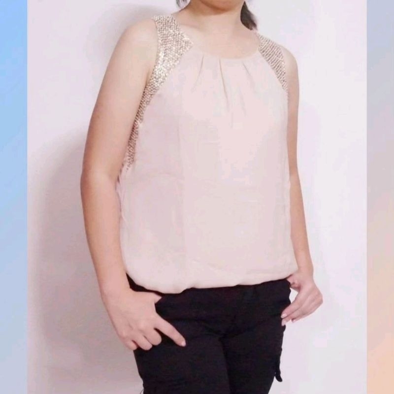 SALE Up To 50%..(SST-2008) DOROTHY PERKINS top - ORI, peach + bag smpng manik2 silver