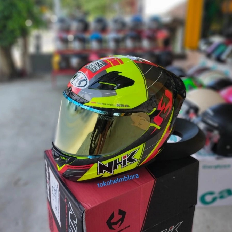 HELM NHK RX9 NAVY YELLOW RED PAKET GANTENG VISOR GOLD SPOILER 3D