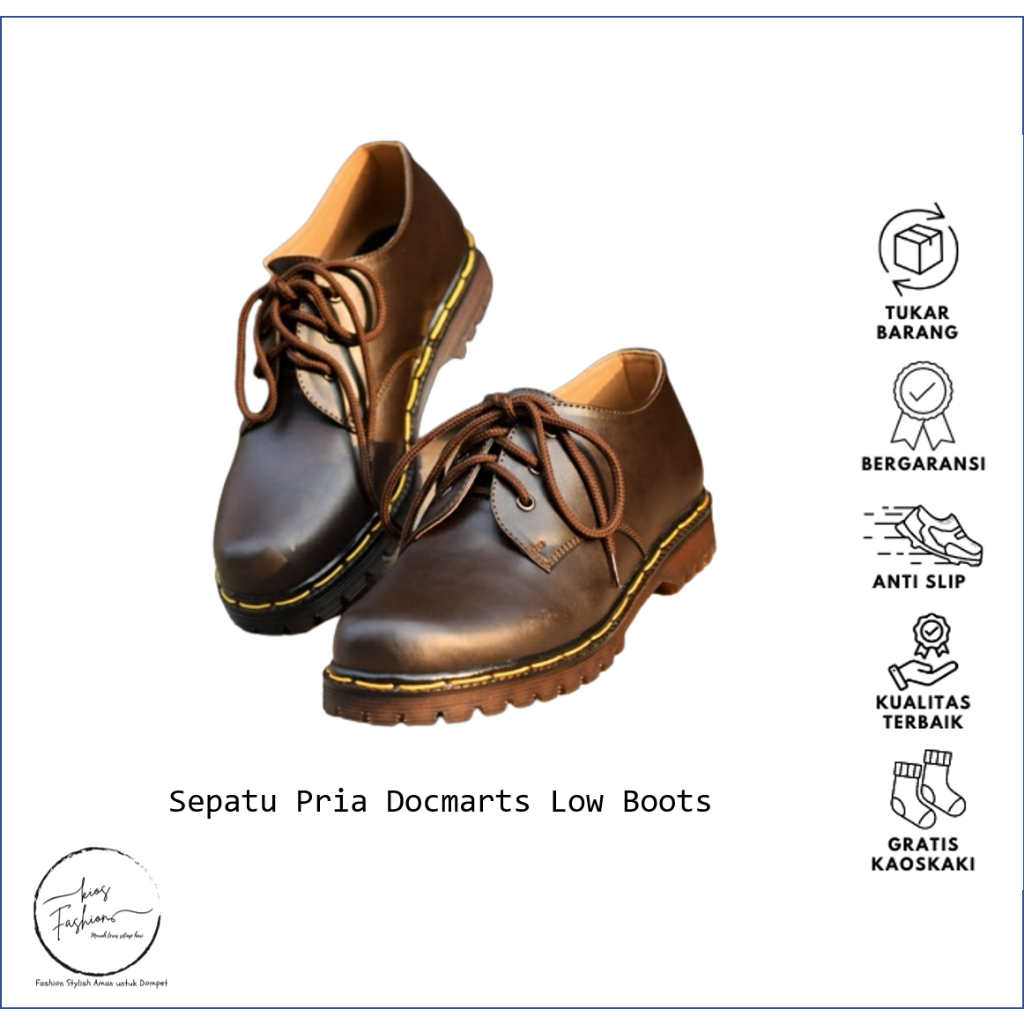 Sepatu Boots pria model docmart Low Hitam Pendek 3 Hole lubang
