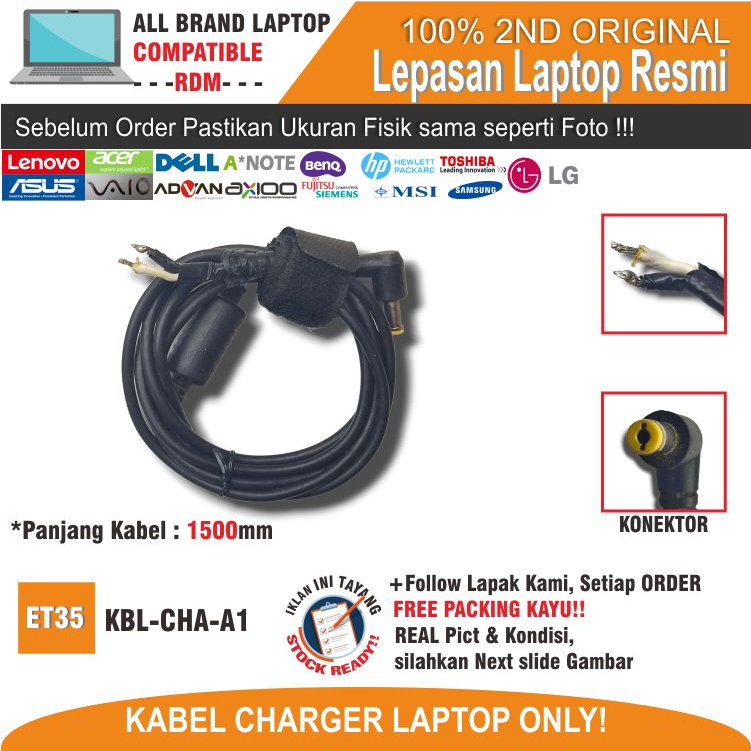 ET35  KBL-CHA-1A Kabel Charger Laptop Acer ADP-40PH DB PA-1650-02 DC-E-L48-001 PA-1450-26 PA-1650-69