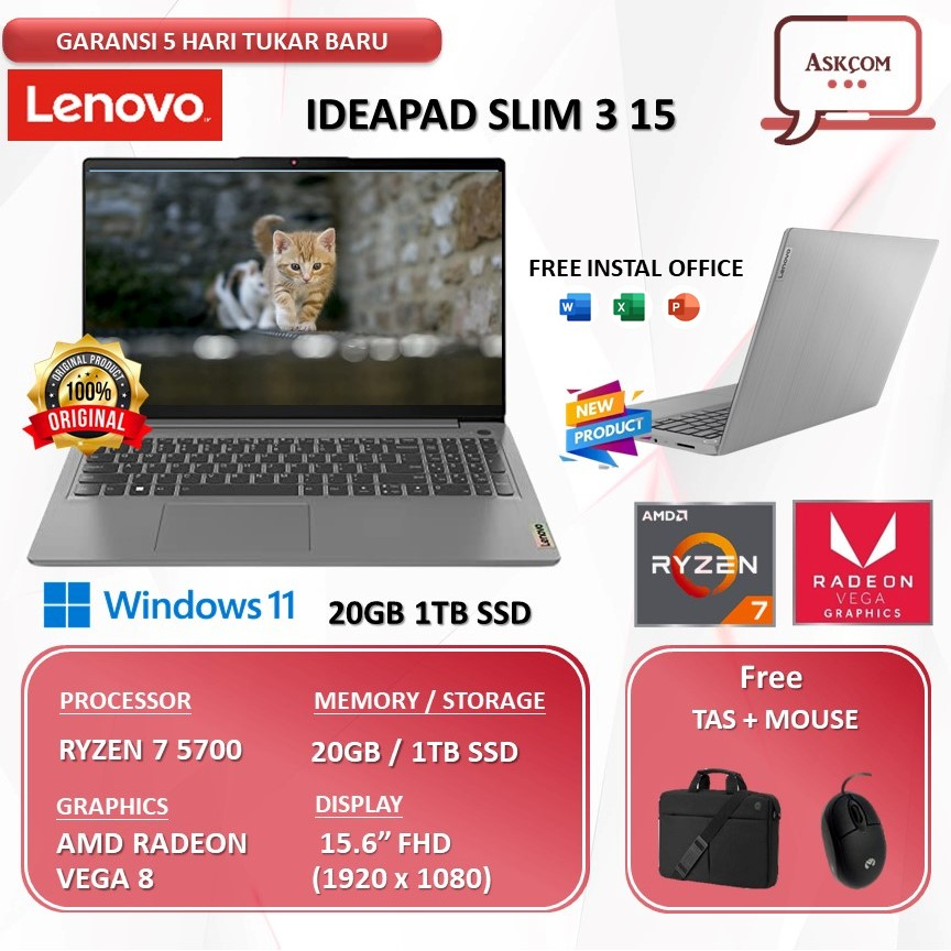 Laptop Lenovo Ideapad Slim 3 15 RYZEN 7 5700 20GB 1TB SSD  VEGA8 W11 15.6FHD