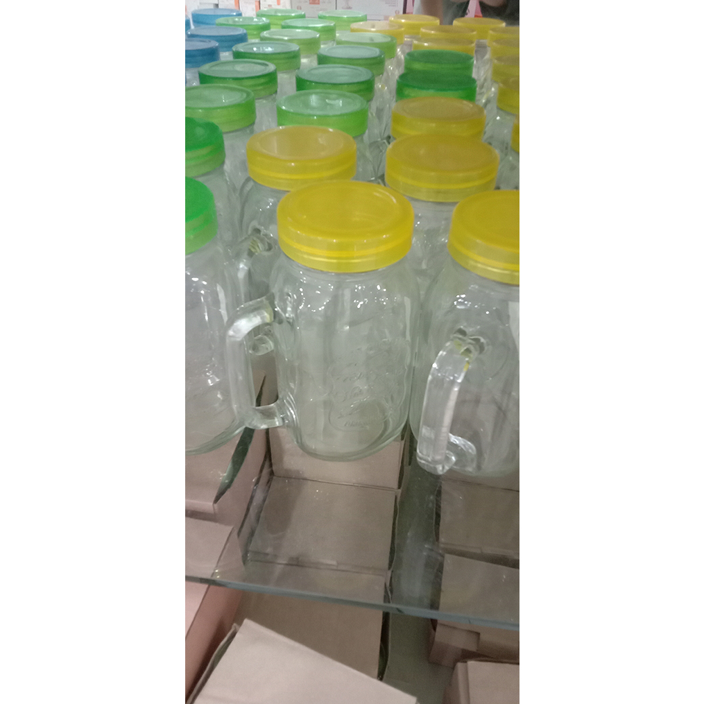 Mug Gelas jar Kaca Tutup Plastik Aesthetic