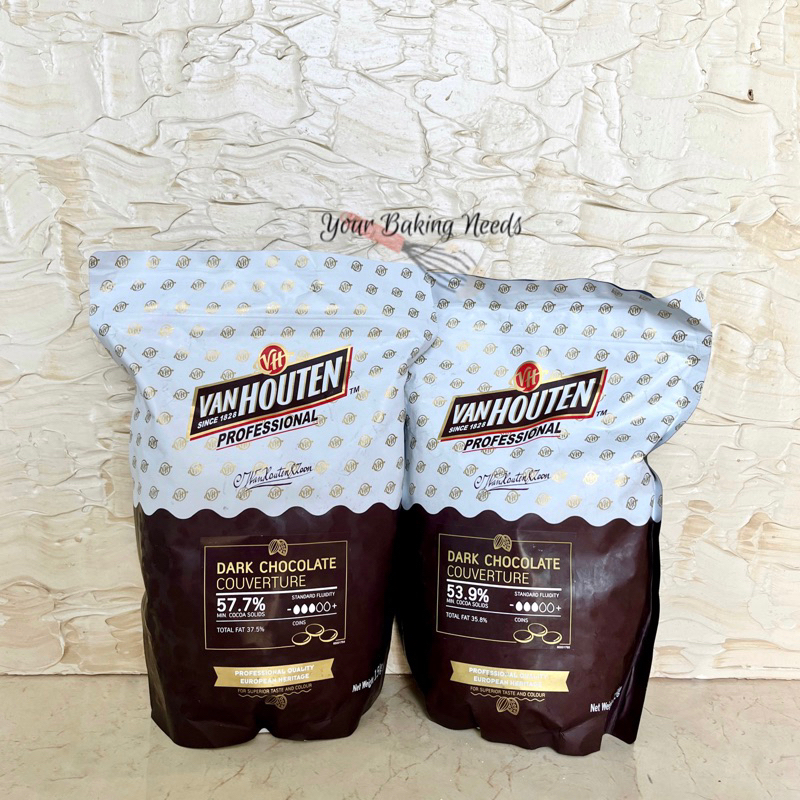 

Van Houten Dark Chocolate Couverture 53,9% / 57,7% / 70,4% Kemasan 1,5Kg