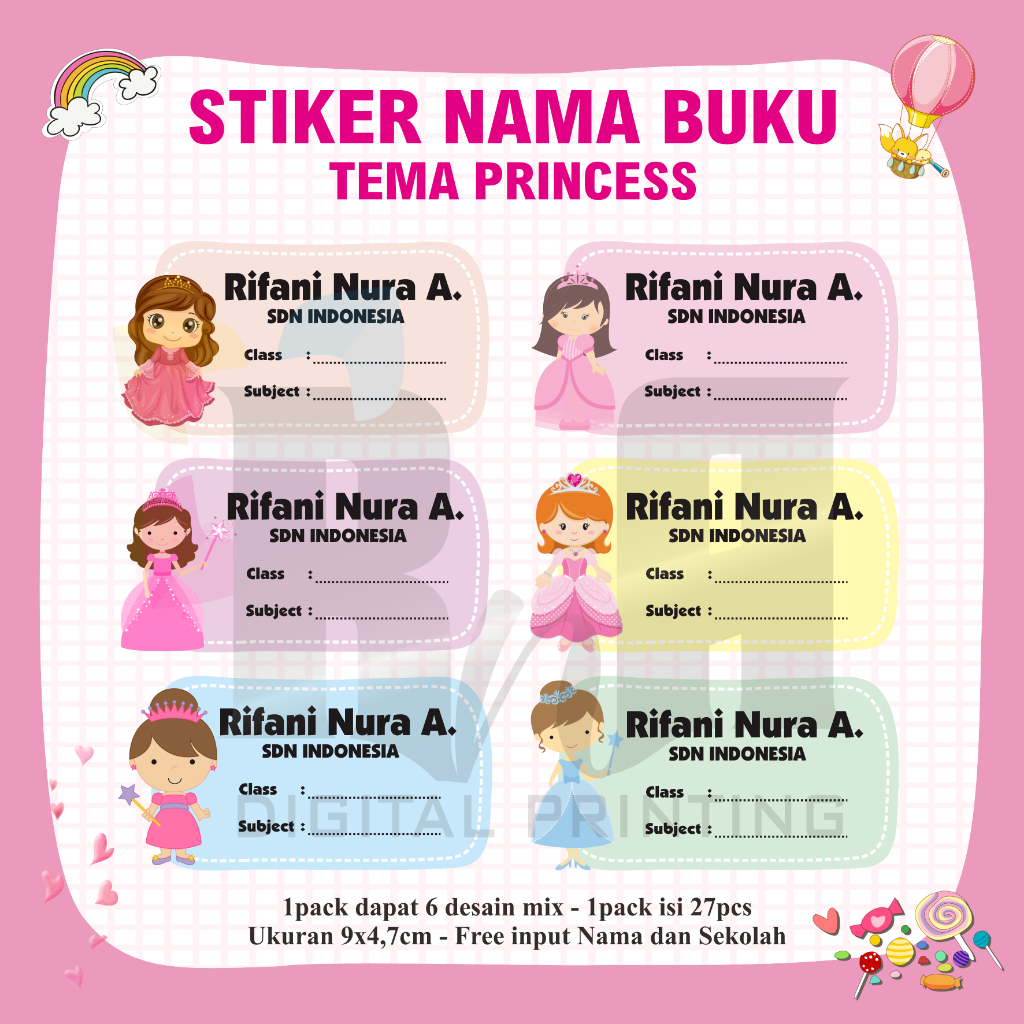 

(isi 27pcs) Stiker nama tema Princess