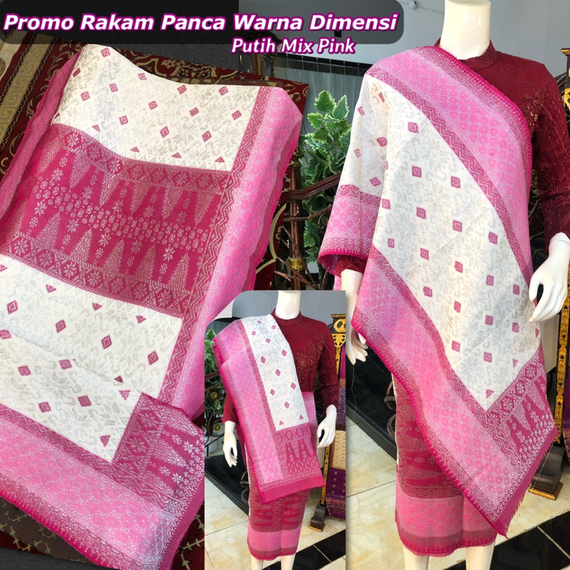 PROMO Songket Rakam Panca Warna Dimensi /Putih Mix Pink/ songket tenun asli palembang /ilham songket