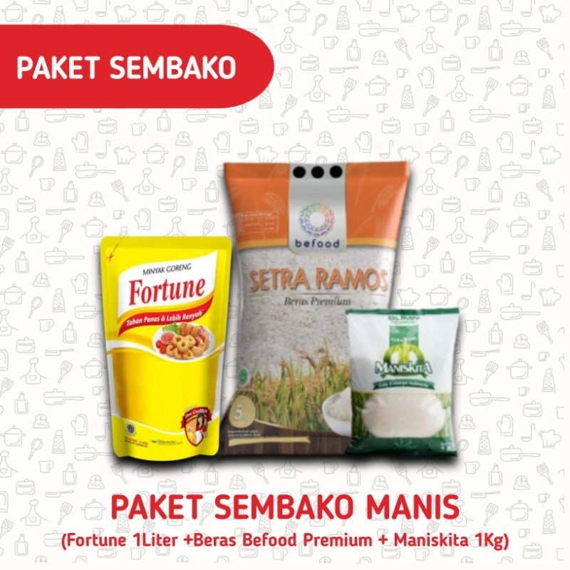 

Paket Sembako Manis 7Kg | Paket Sembako Minyak Murah Fortune 1Liter Beras 5Kg Maniskita 1Kg