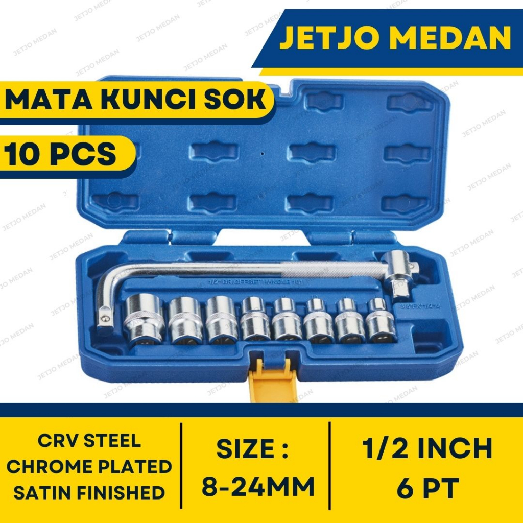 Jetjo - 10 PCS SET KUNCI SOK 1/2" INCH 6 PT / 6 SEGI MATA KUNCI SHOCK SET GAGANG SOKET Mata Kunci So