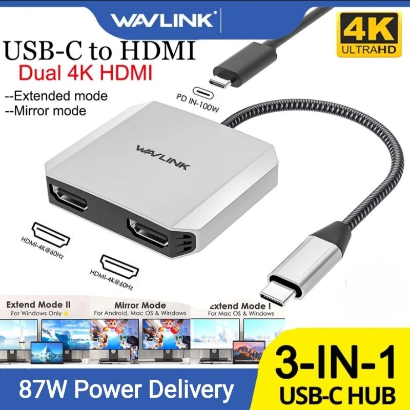 Wavlink USB Type C Thunderbolt 3 and 4 to Dual HDMI 4K Bisa Extend ABC Mode