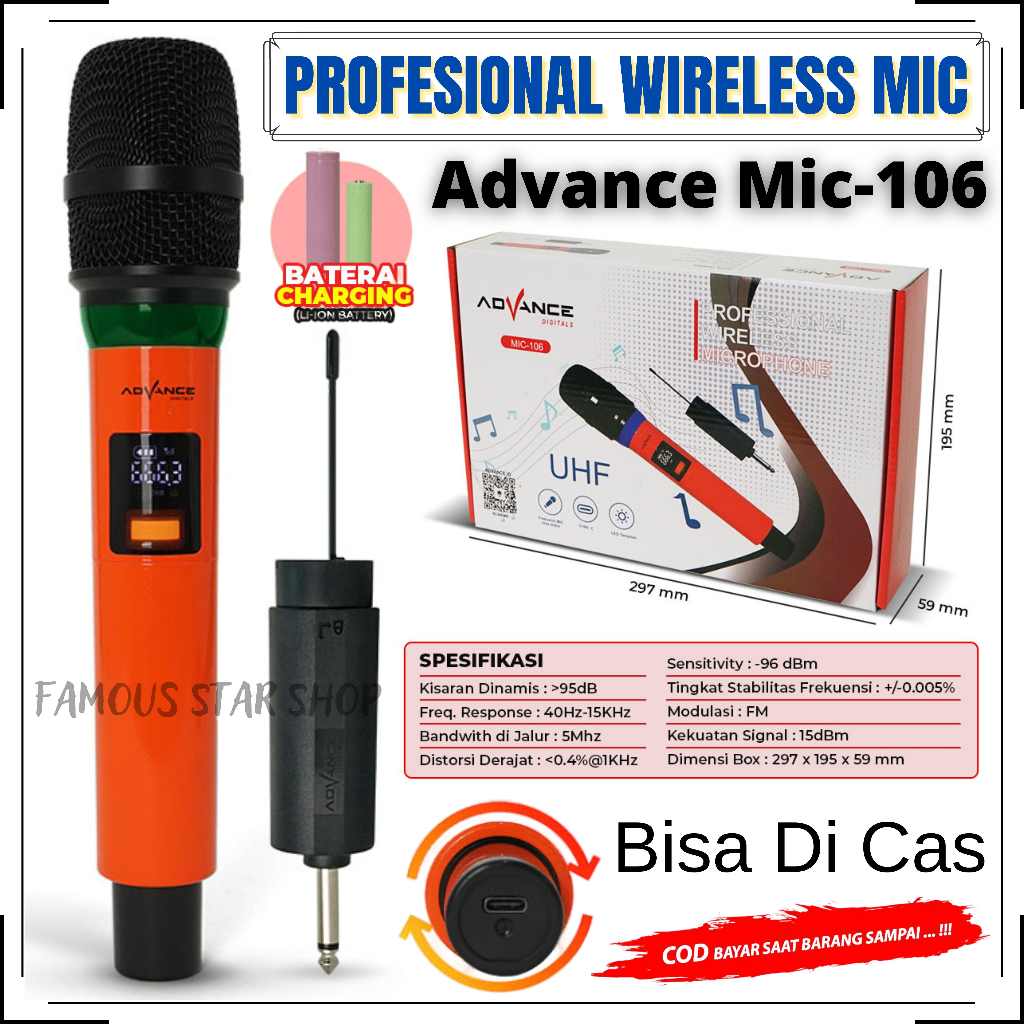 Mic Wireless UHF (Wireless) Bisa Dicharger Profesional Microphone digital Batrei dapat di Charger AD