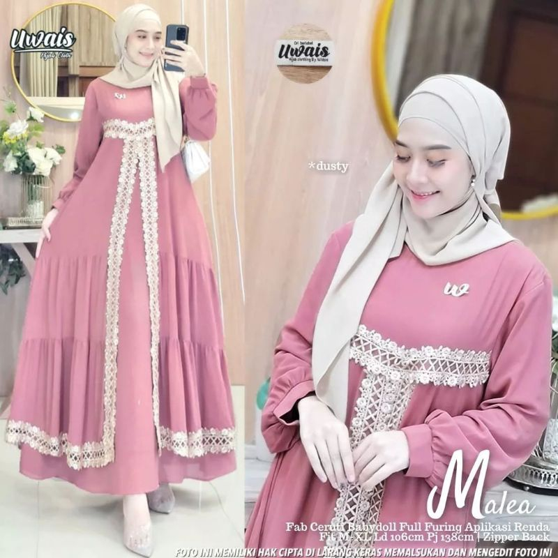 Gamis Ceruty Jumbo Malea dress BO bahan ceruty babydoll premium mix renda Ld 110 cm Baju muslim wani