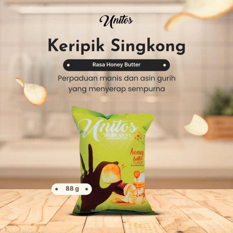 

Unitos Cemilan Keripik Singkong Lokal Rasa Madu & Mentega 88 gr