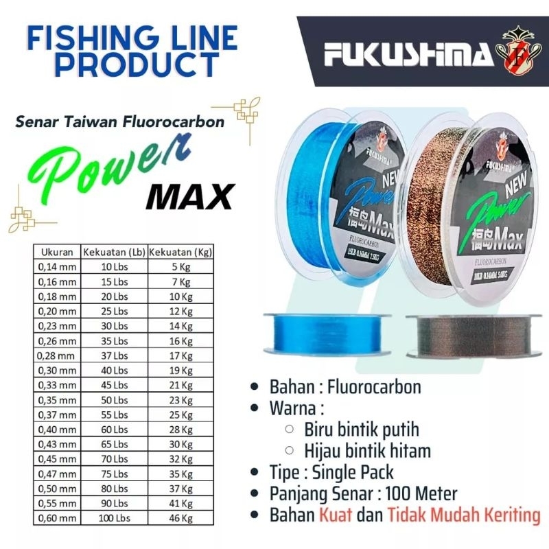 Senar Pancing Fluorocarbon New Power Max Fukushima Panjang 100meter Warna Bunglon / Belang Bahan Tai