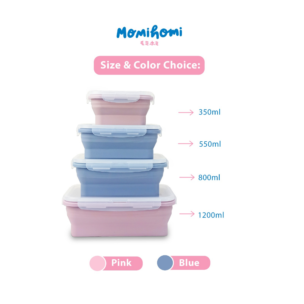 Momi Homi Silicone Food Container Tempat Penyimpanan Makanan Bahan Silikon Foldable Praktis Anti Tumpah Food Grade Aman Kotak Makan Kotak Bekal Lunch Box Portable Kotak Makan Lipat Terdapat Katup Udara Desain Elegan Dapat Dibawa Kemanapun Warna Menarik