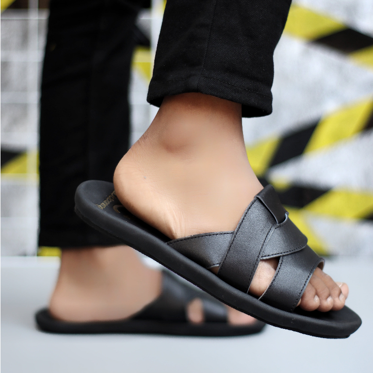 Sandal Slide Slop Sendal Kulit Asli Hitam Pria Ori GRANDABLE GIO
