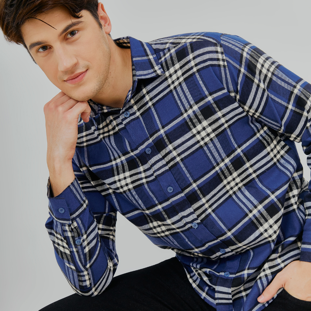 PAULMAY Kemeja Flanel Pria Lengan Panjang Biru 6713