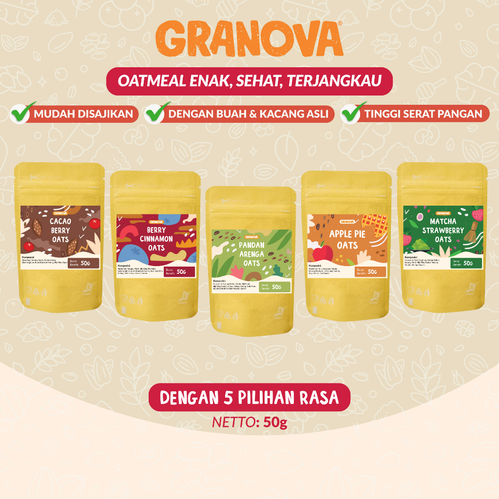 

Granova - Oat Siap Seduh / Instant Oatmeal 50gr (Cacao Berry, Pandan Arenga, Berry Cinnamon, Apple Cinnamon, Matcha Strawberry)