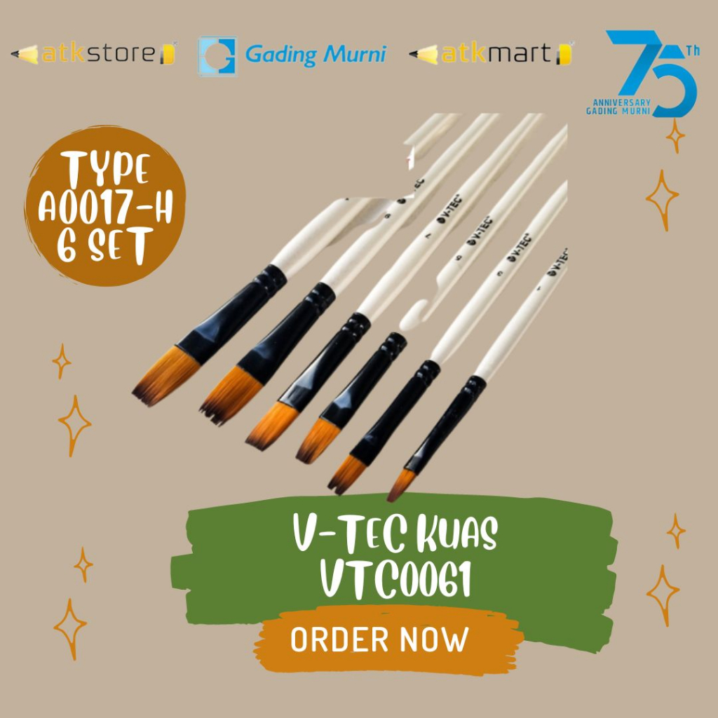 

V-Tec Brush A0017H Set 6 / Kuas Lukis Set isi 6 / VTEC Artist Flat Brush A0017H