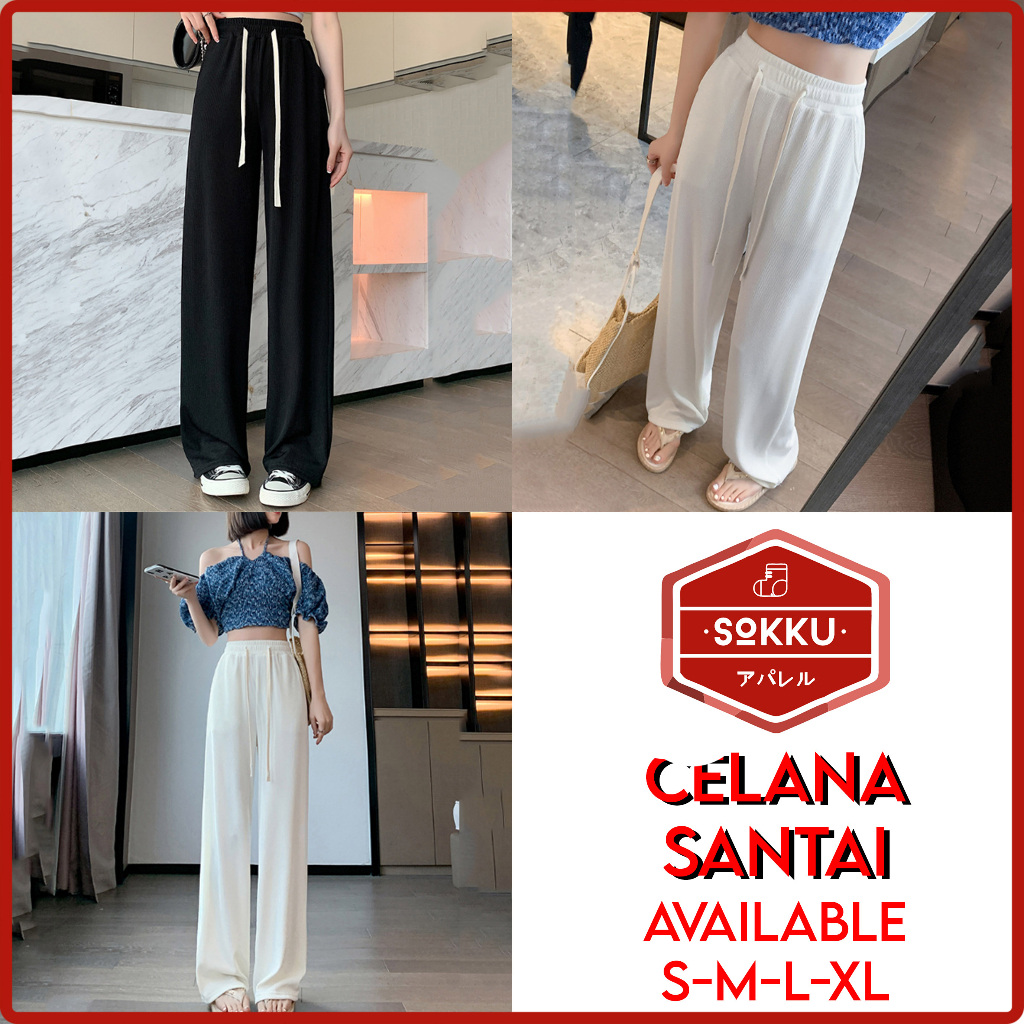 Celana Panjang Santai Wanita Long Pants Polos Pinggang Karet All Size