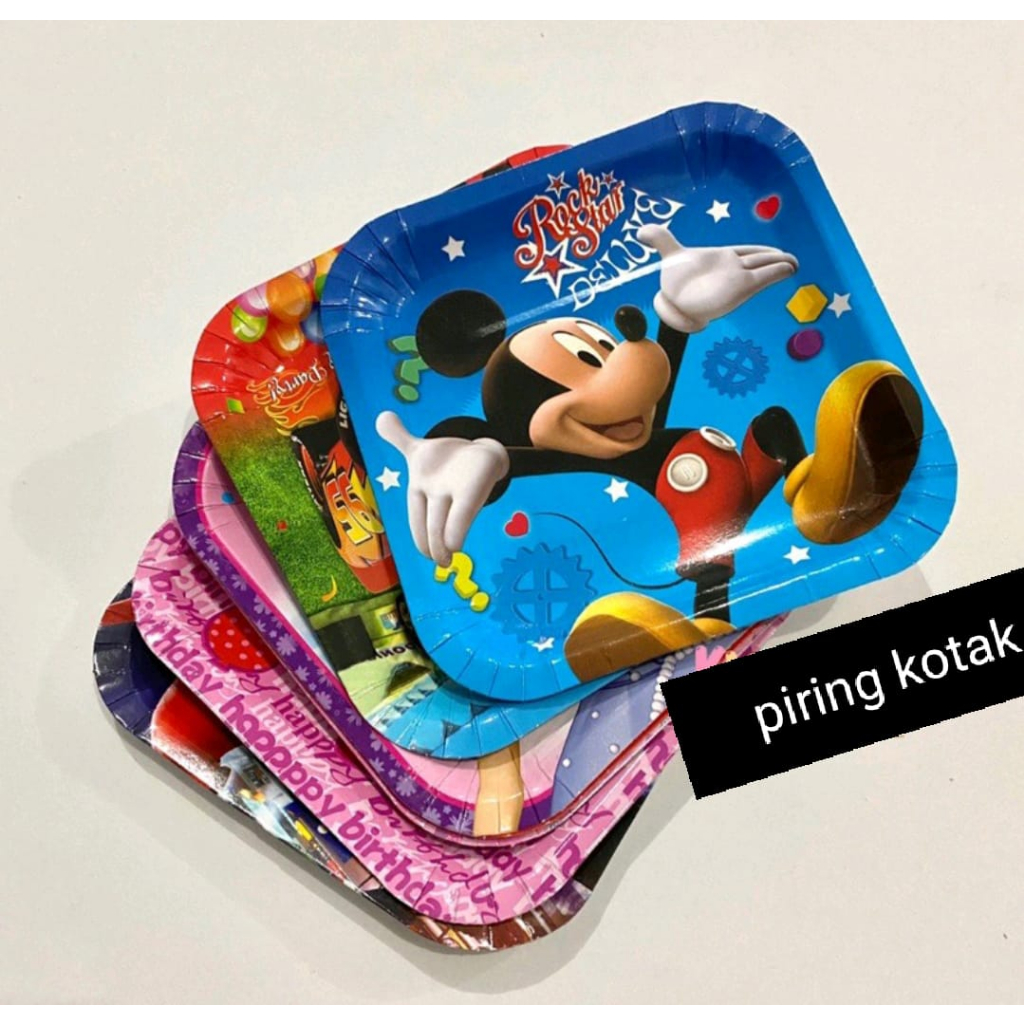 PIRING KUE KOTAK KARAKTER ANAK ULANG TAHUN / PIRING KERTAS SEGIEMPAT ISI 10PCS