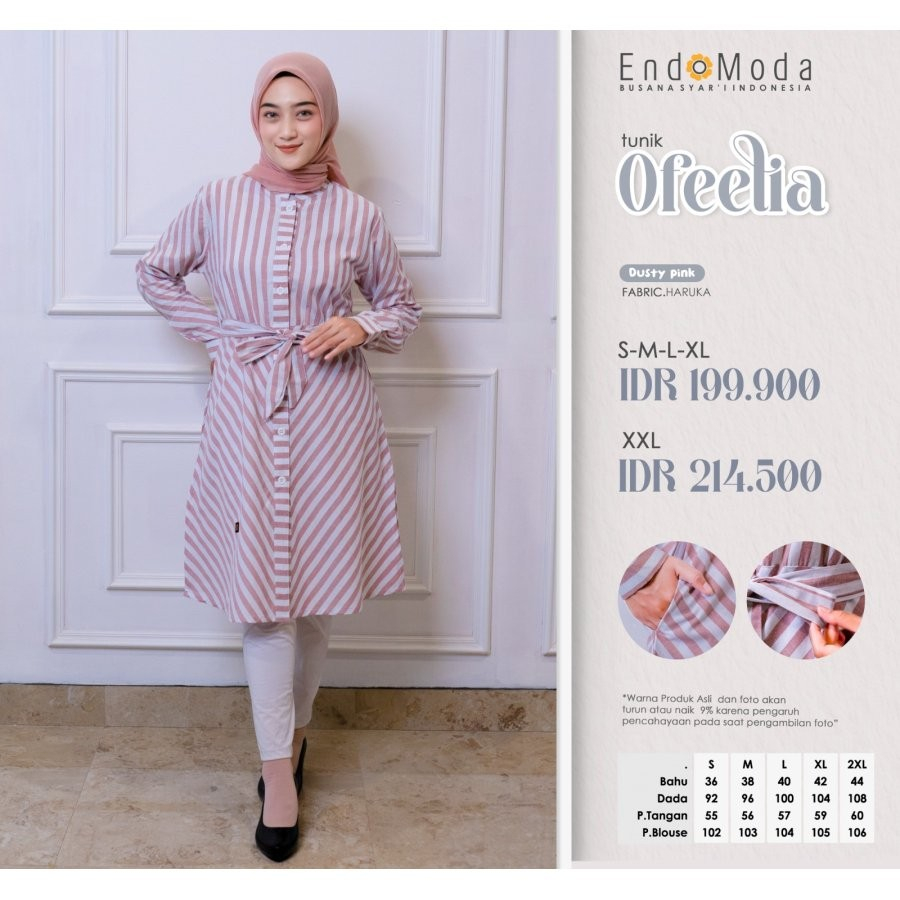 Endomoda-Tunik Ofeelia Dusty Pink-Green-Purple Haruka Blouse Wanita Dewasa Remaja Motif Garis Tampil
