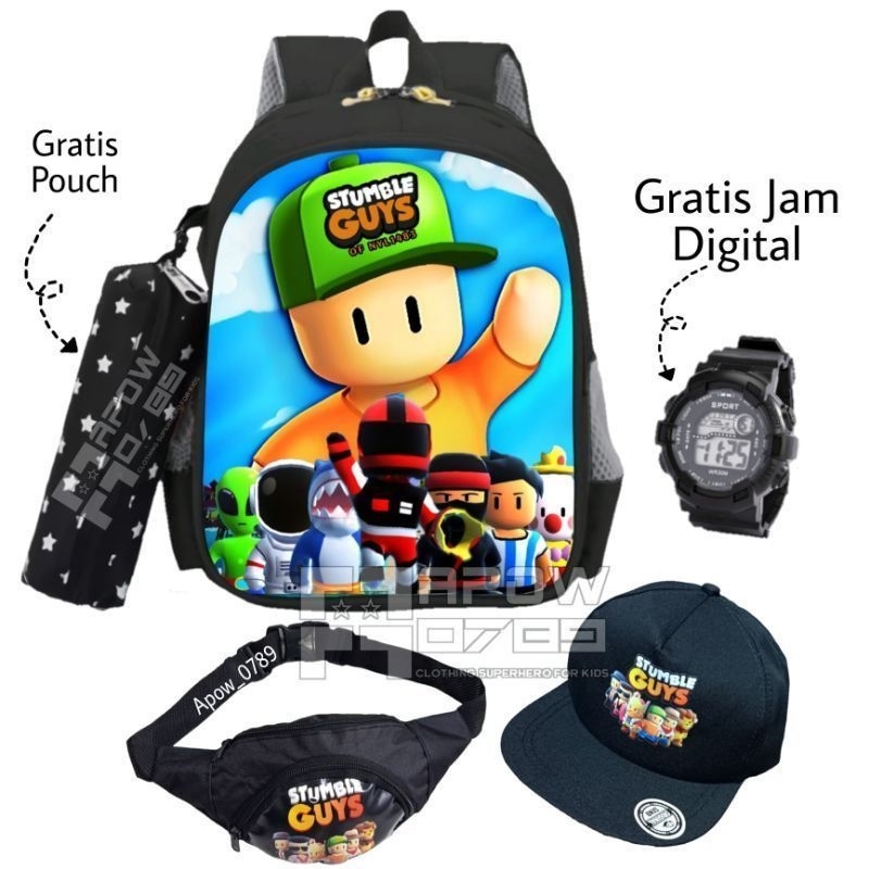 Paket Hemat 5in1 Tas Ransel Anak Laki-laki Tas Sekolah anak TK SD Free Pouch Tas Waistbag Topi Dan Jam Tangan