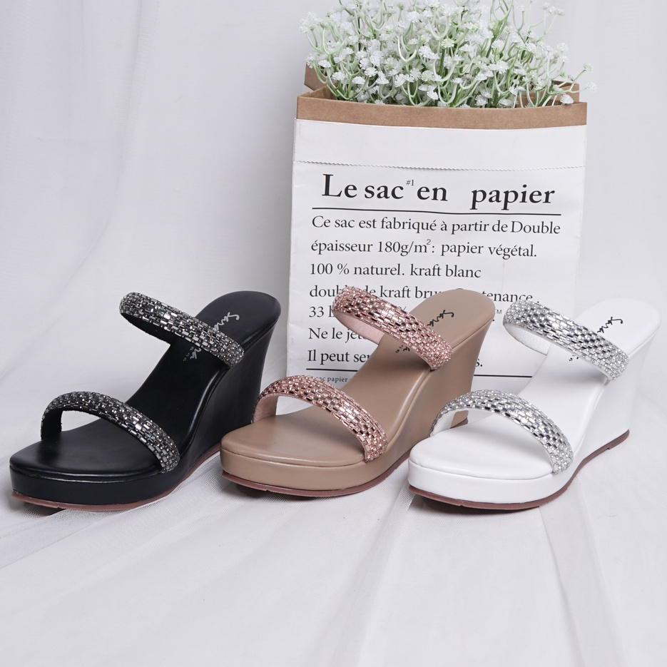 SARASARA YUK - SHANIA Sandal Wanita Wedges Mewah Blink Kristal Size 36 - 40 Sendal Slop Heels Cewek Hak Tinggi Sole 5 6 7 8 9 cm Pesta Bling kondangan Warna All Color Selop Premium 37 38 39 Perempuan Kekinian Terbaru Shoes ORI Original Mall Official Store