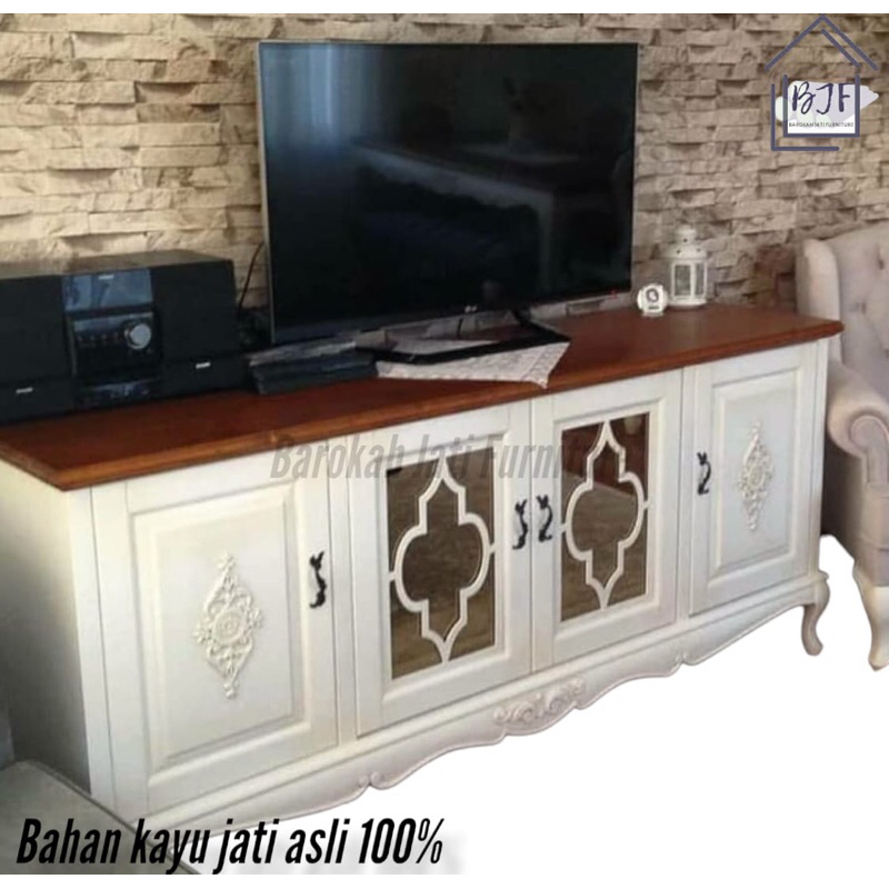 Meja konsol TV car duco putih kayu jati
