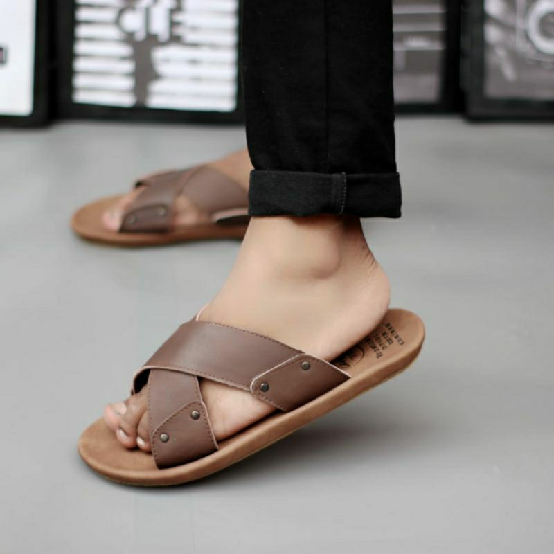 CEVANY XMIN Brown (KULIT ASLI) Sandal Pria Kulit Asli Sendal Slide Casual Original