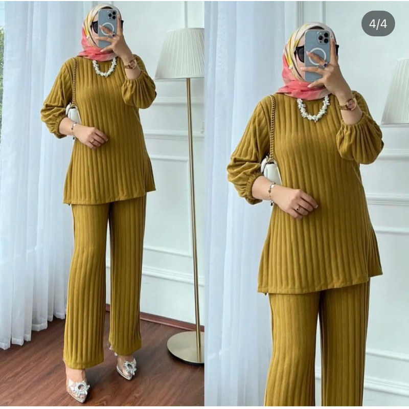 denolla set setcel kaos knit tangan karet setelan celana wanita kaos knit premium