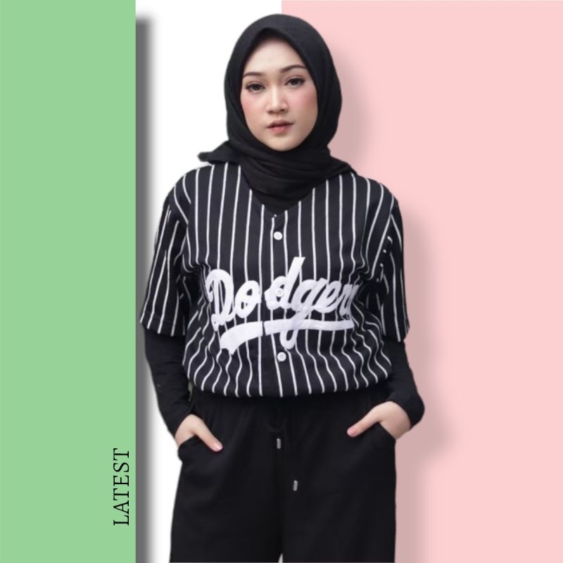 Baju distro Jersey baseball pria-wanita hitam salur