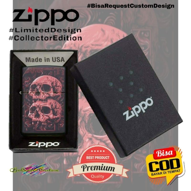 KOREK API ZIPPO BLACK MATTE CUSTOM UV PRINT TWIN SKULL RED BISA REQUEST CUSTOM COCOK UNTUK HADIAH AT