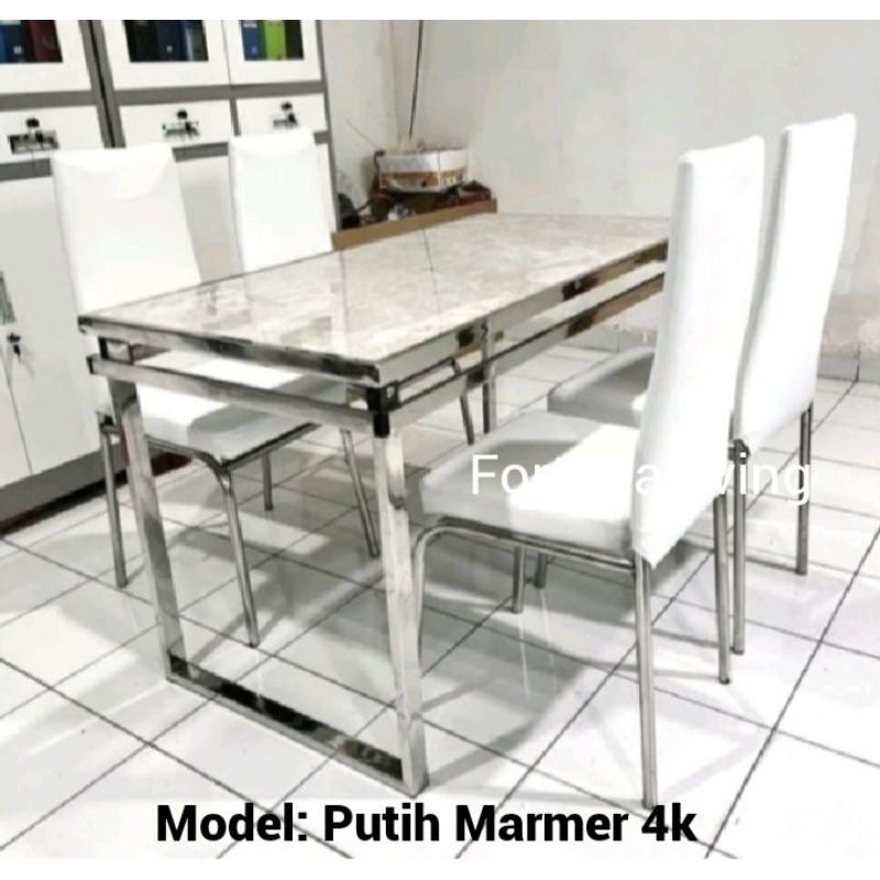 (Free Ongkir Jadetabek)TERLARIS Meja Makan Marmer Minimalis Set 4 Kursi Rangka Besi Stainless Dining Table