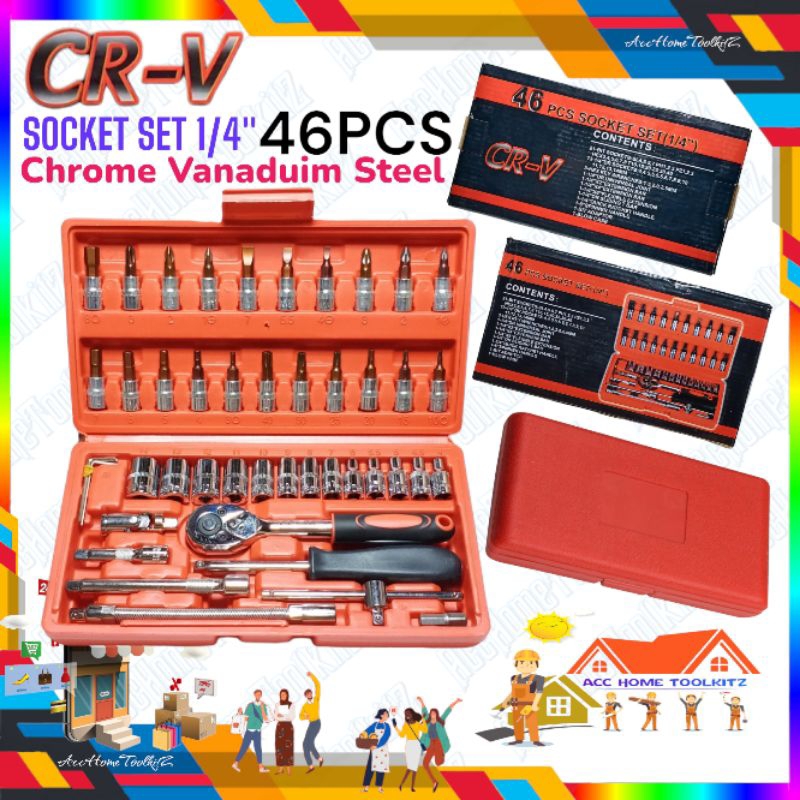 Kunci Socket Tool Kit Ring Pas Full Lengkap Set 1/4&quot; 46pcs Kunci sock Wrench Motor Mobil 46 Pc Stang Ratchet Handle 1/4 Spanner Shock Sok Car Koleksi Komplit Mekanik