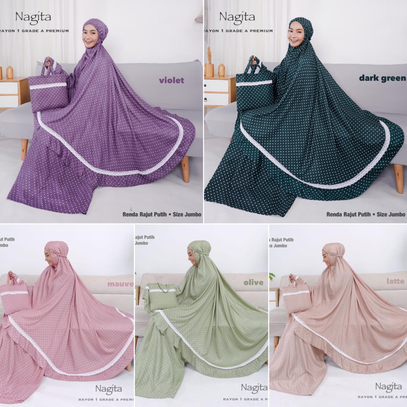 MUKENA RAYON PREMIUM JUMBO RENDA RAJUT RUKUH MUKENAH MOTIF NAGITA POLKA