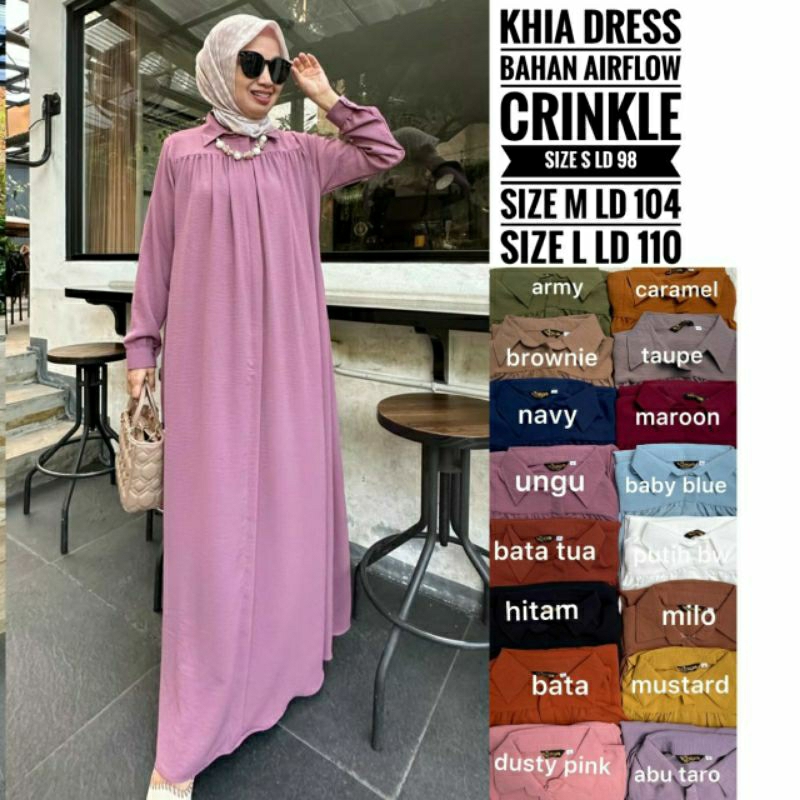 Khia Dress Gamis Busui Harian Polos Crinkle Umroh Syari Harian