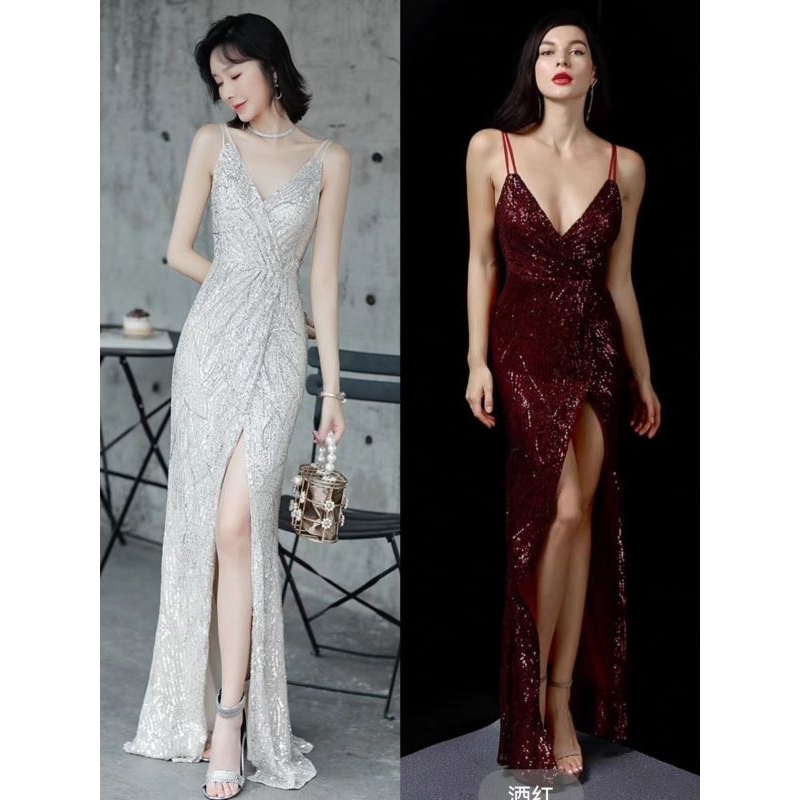 Sequin dress silver maroon hitam - gaun payet pesta singer sexy fio02