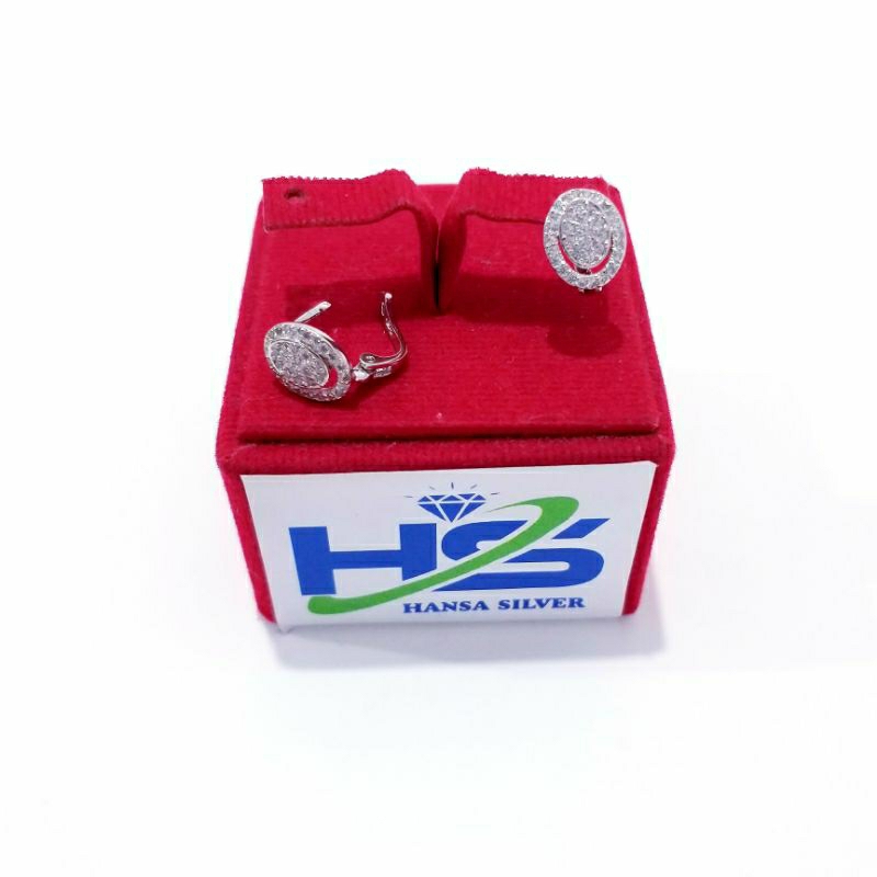 Anting Perak Asli Silver 925 Lapis Emas Putih Model Jepit Oval - Anting Wanita Anti Karat